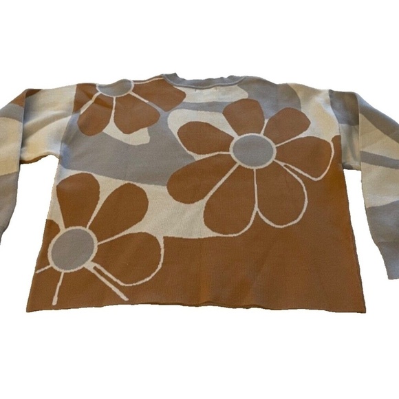 Camille & Co Womens Knit Mod Floral Retro Sweater Brown/Cream/Grey Size Small - Picture 3 of 6